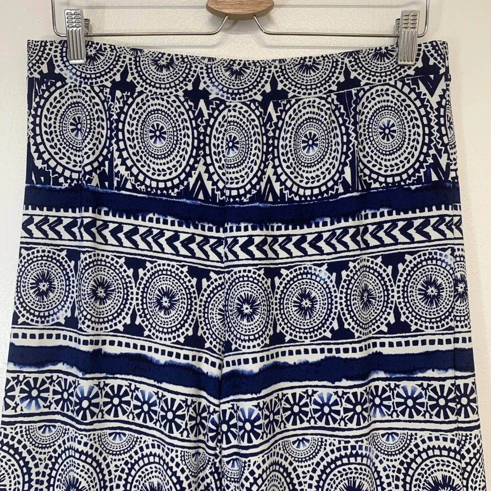 Chicos 1 Blue White Medallion Print Wide Leg Palazzo Pants Medium Boho